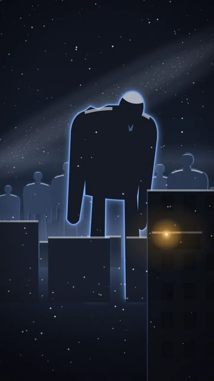 The northern giant turns his head toward a lit balcony.
