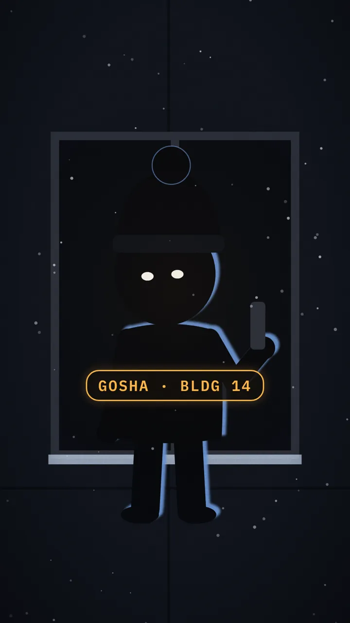 Gosha from building 14 at his window, holding a flashlight.